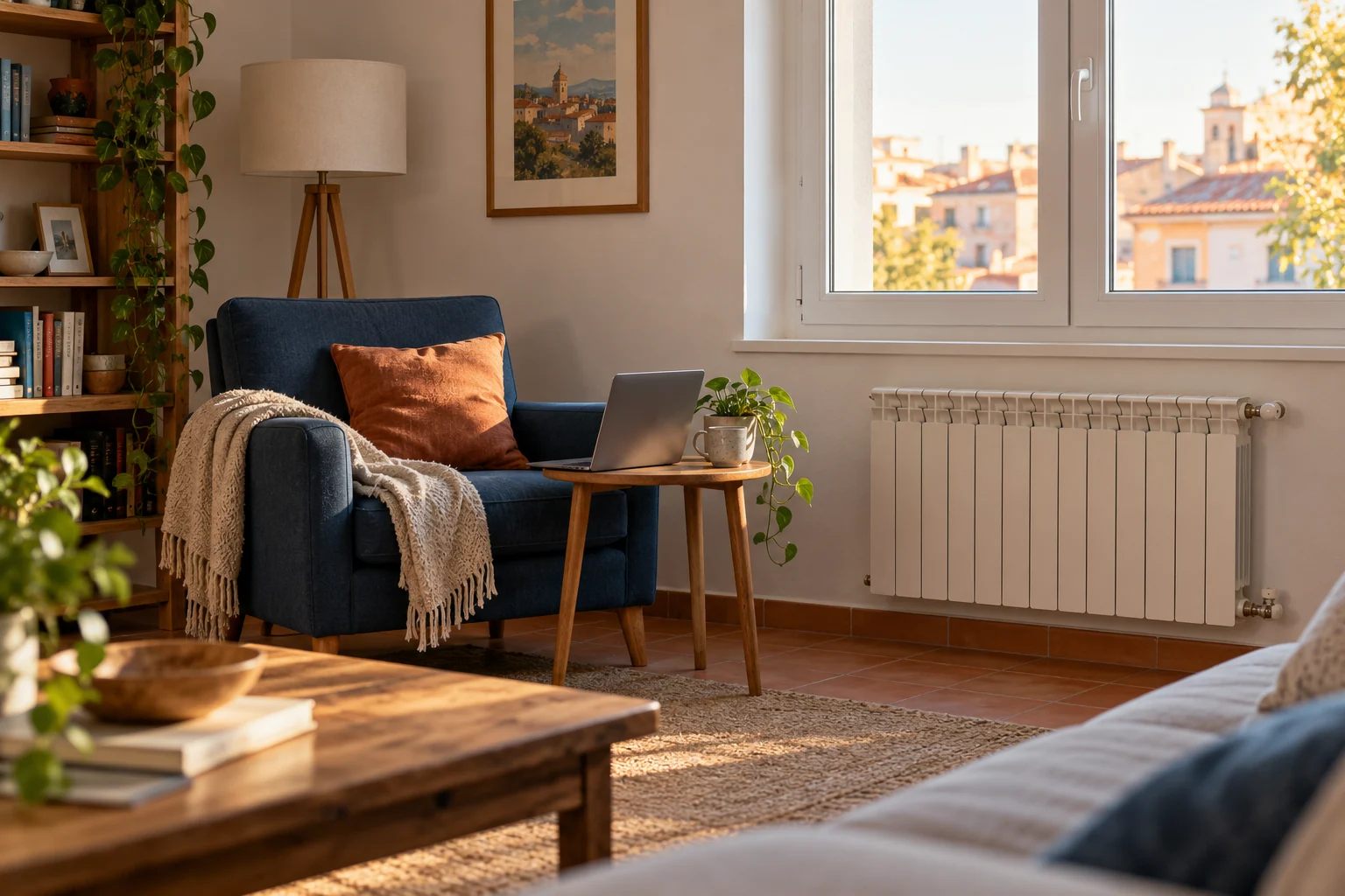 Interior doméstico con ventana, radiador fijo y un sillón separado de la pared