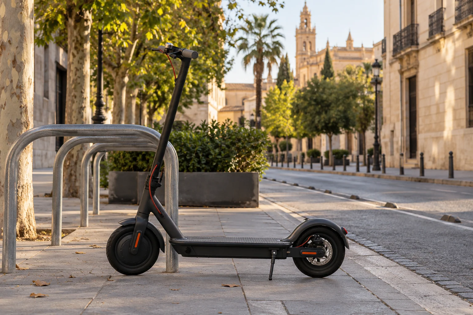 Un patinete eléctrico aparcado junto a un aparcabicis