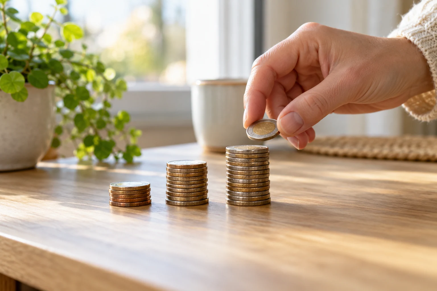 Monedas agrupadas sobre una mesa junto a una ventana