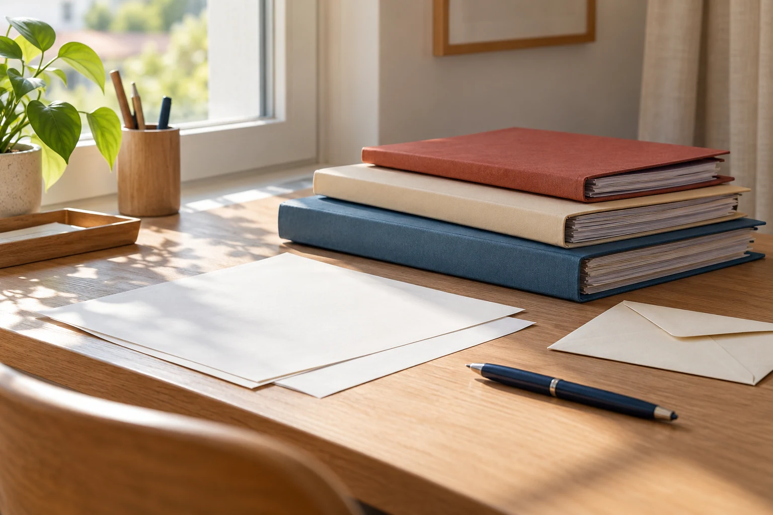 Carpetas y hojas sin datos personales ordenadas con separadores sobre un escritorio