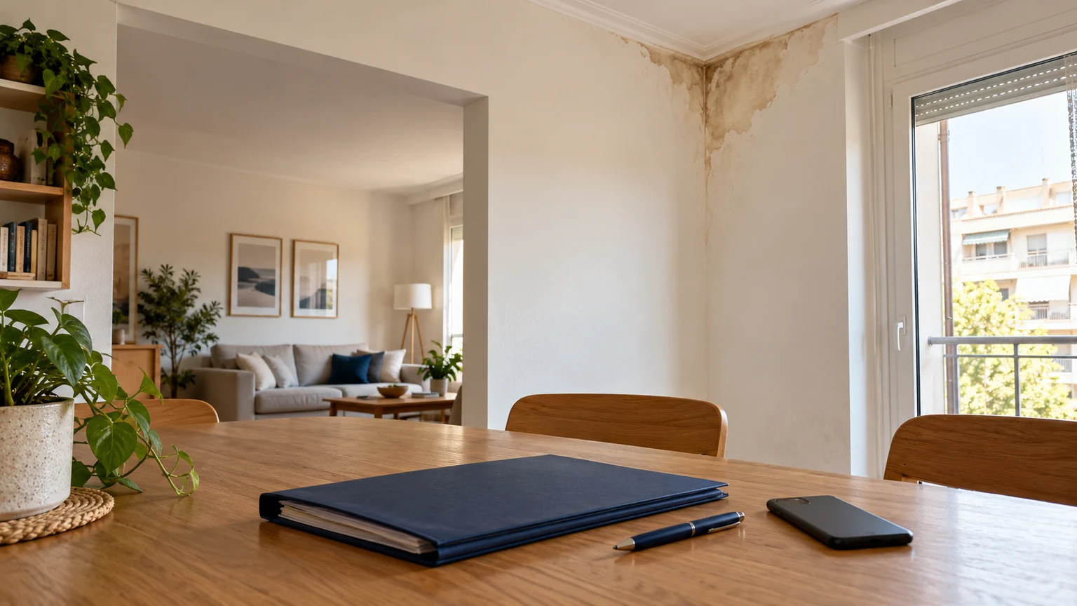 Carpeta y teléfono sobre una mesa junto a una pared con una mancha de humedad seca