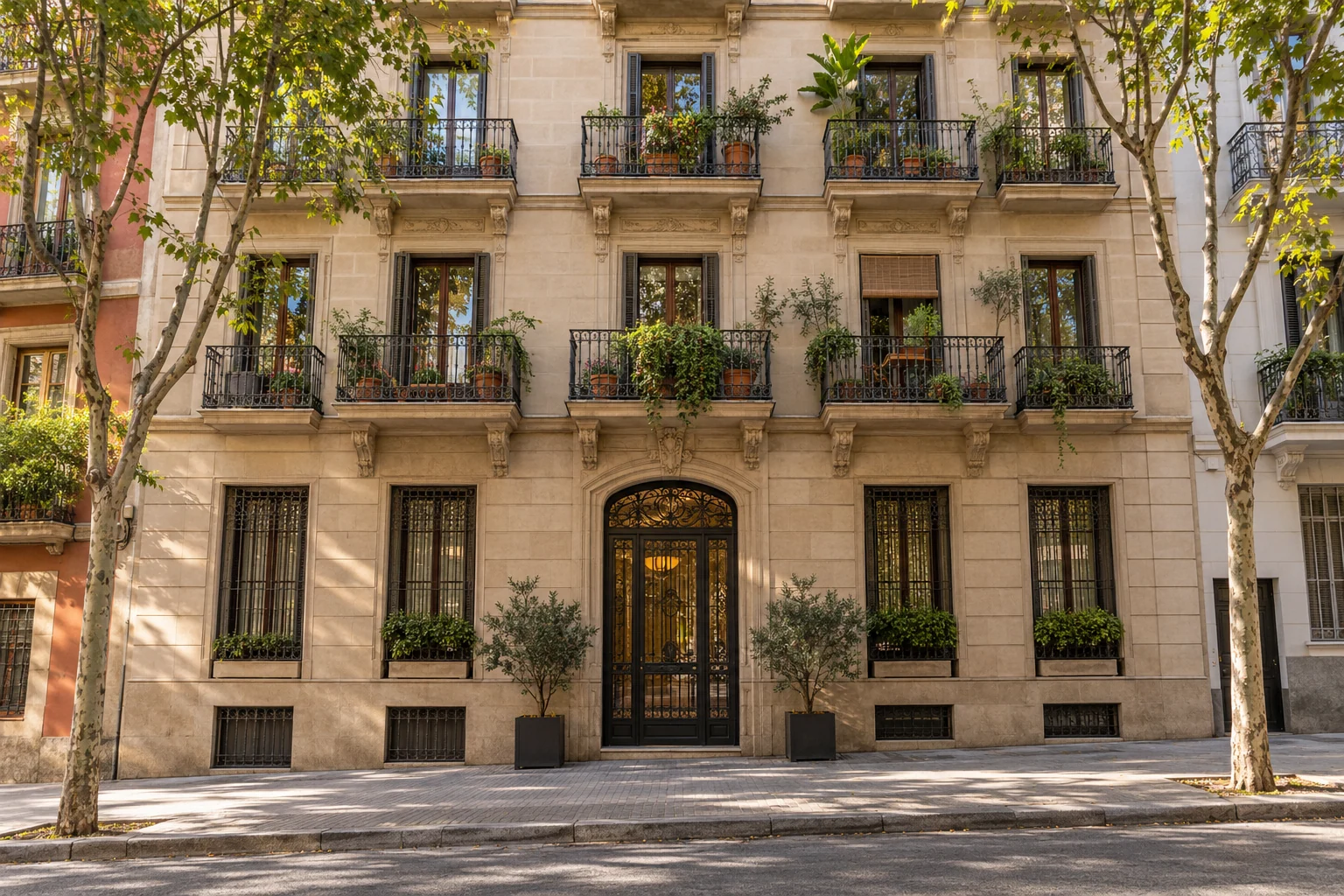 Fachada y entrada de un edificio de viviendas con balcones