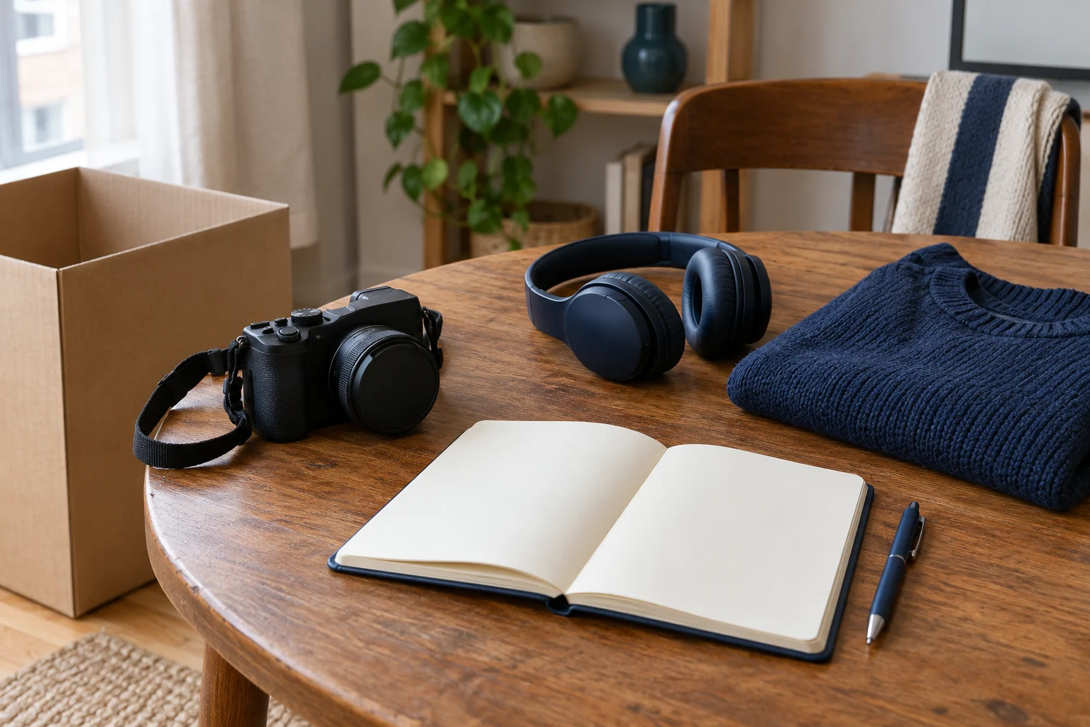 Mesa con libreta sin datos, cámara y objetos personales preparados para un inventario doméstico