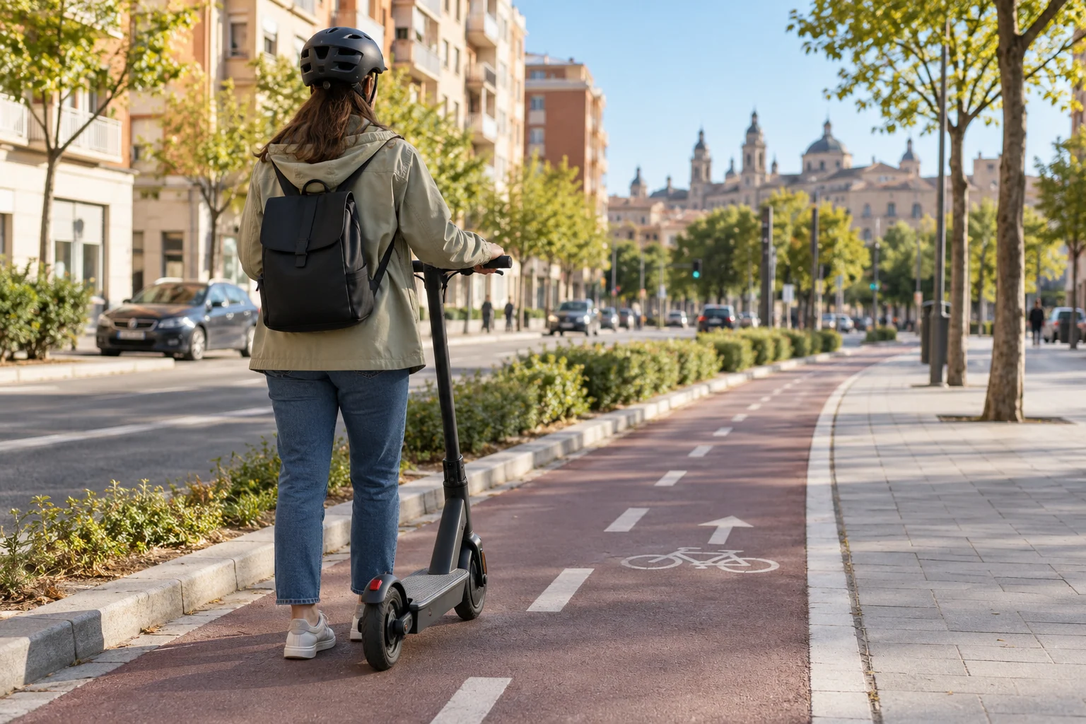 Una persona con casco junto a un patinete eléctrico en un carril urbano