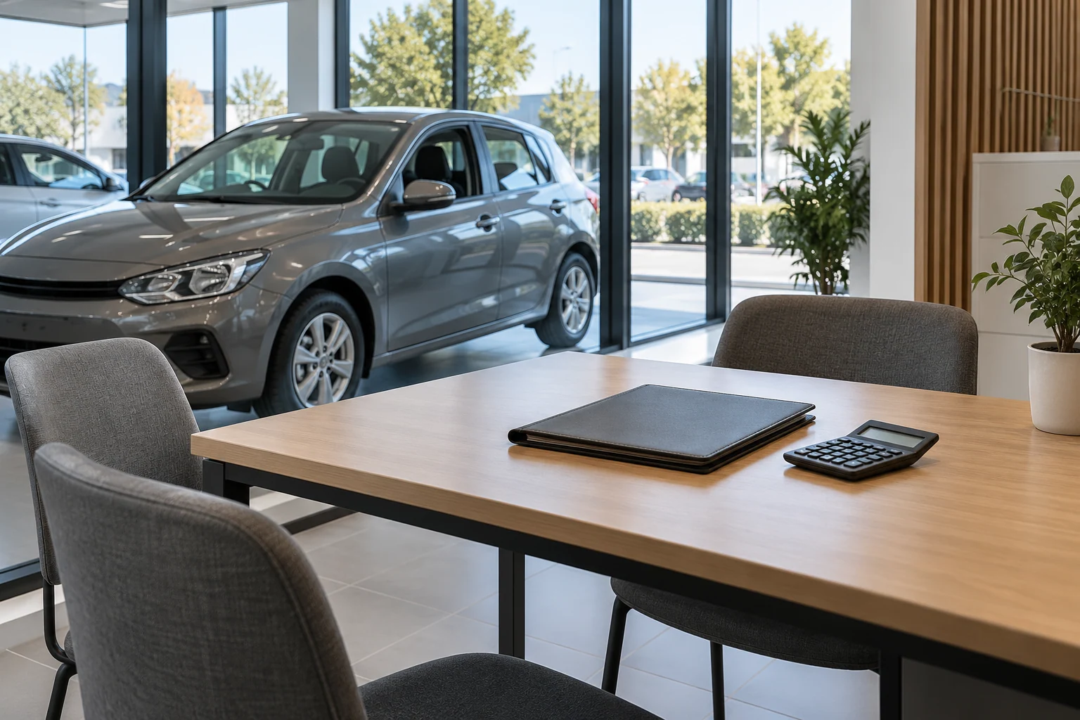 Una mesa de consulta con calculadora y carpeta junto a un coche en un concesionario