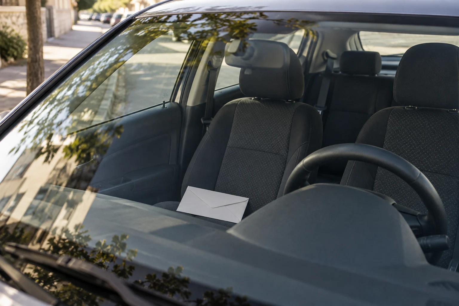 Un sobre blanco en el asiento de un coche aparcado