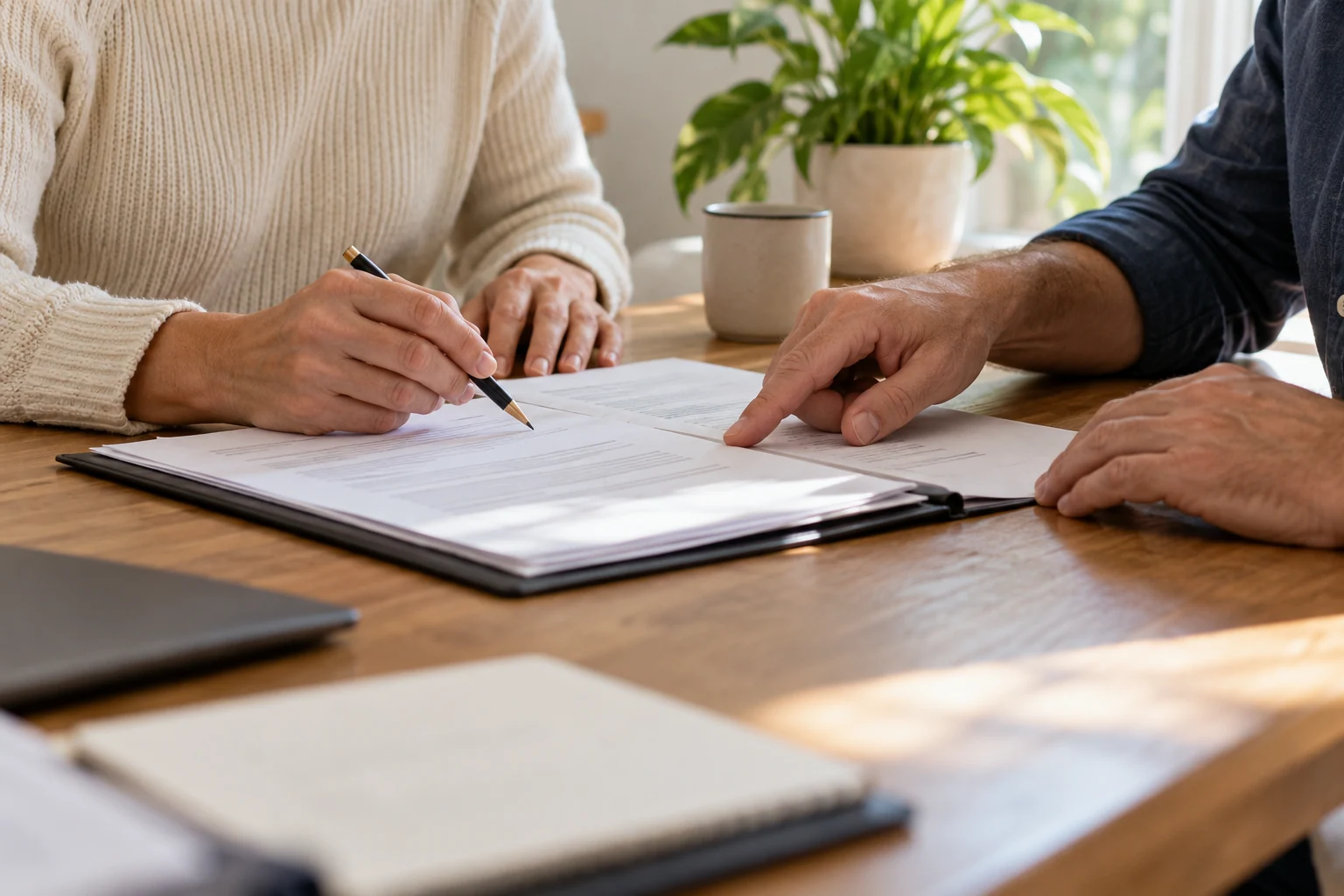 Dos personas revisan juntas unos documentos en una mesa